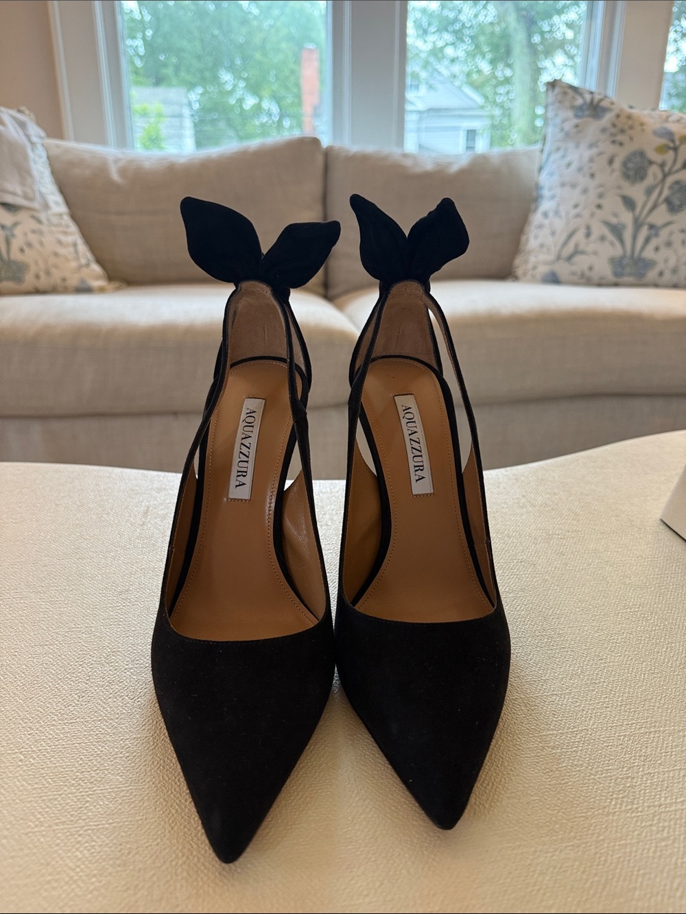 Aquazzura Black Suede Pointed Tie-Ankle Pumps